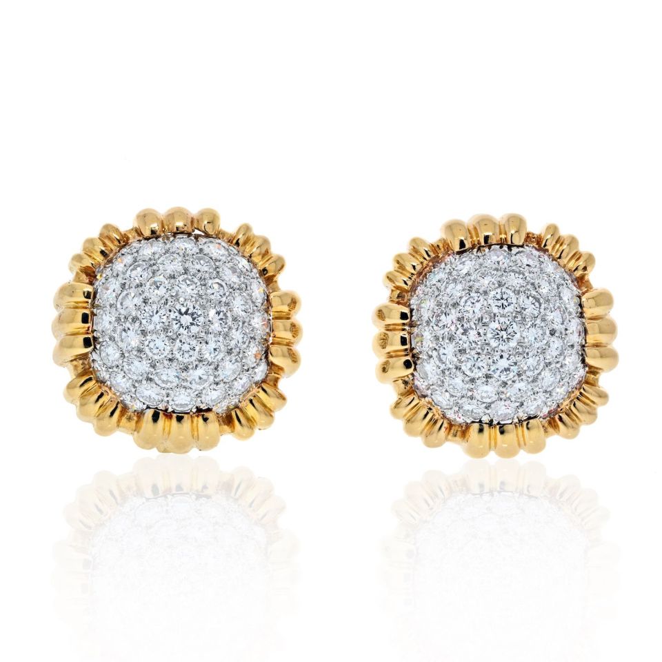 David Webb 18K Yellow Gold 7.00 Carat Pave Set Cushion Shaped Diamond Clip Earrings - The Back Vault