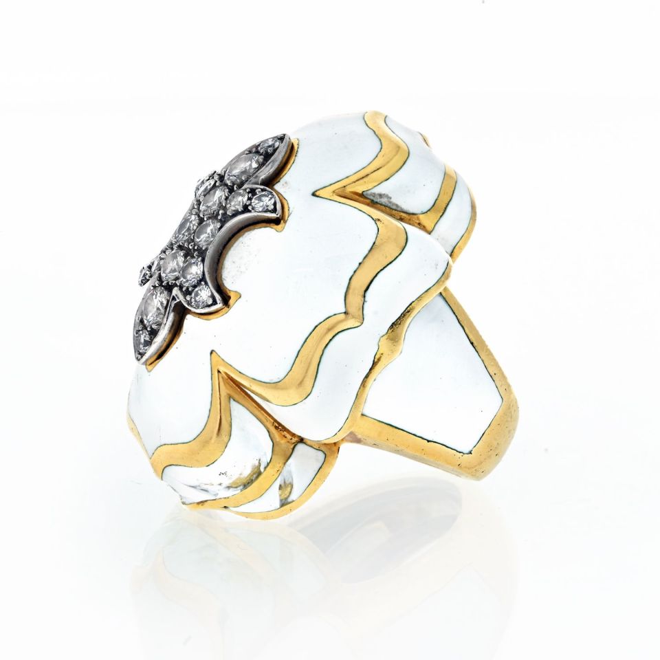 David Webb Platinum & 18K Yellow Gold Fleur De Lis White Enamel Ring - The Back Vault