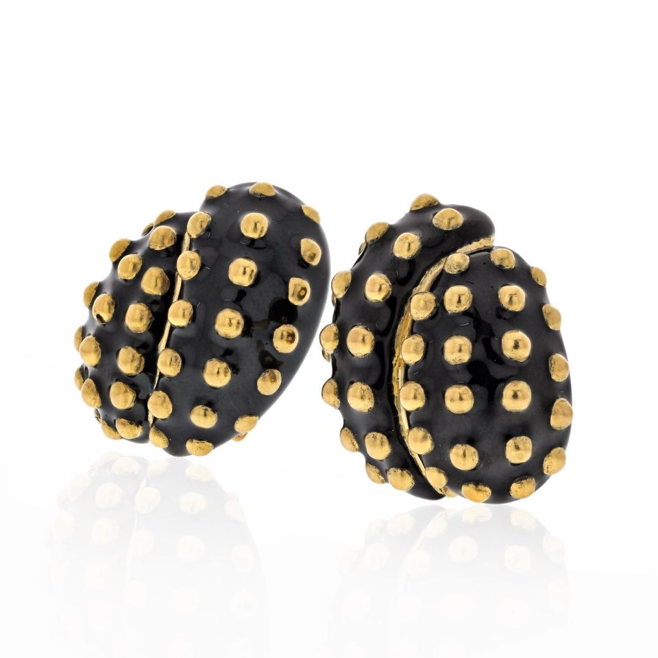 David Webb Platinum & 18K Yellow Gold Black Enamel Gold Studded Clip Earrings - The Back Vault