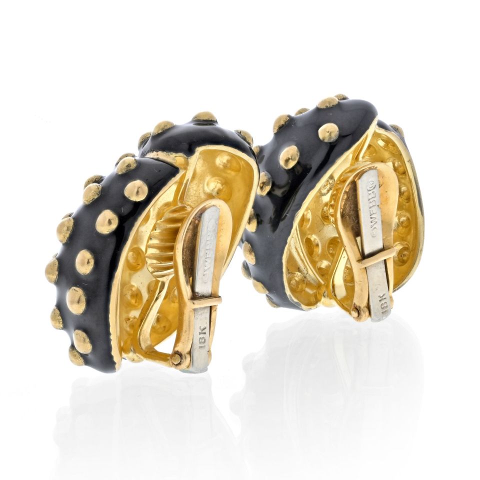 David Webb Platinum & 18K Yellow Gold Black Enamel Gold Studded Clip Earrings - The Back Vault