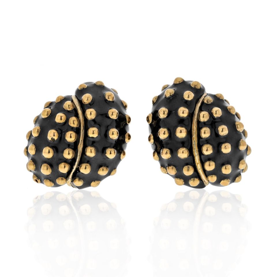 David Webb Platinum & 18K Yellow Gold Black Enamel Gold Studded Clip Earrings - The Back Vault