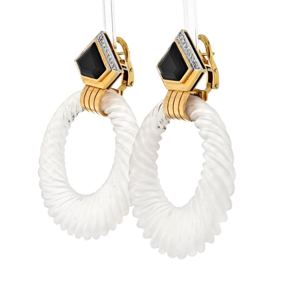 David Webb 18K Yellow Gold Rock Crystal Hoop Earrings - The Back Vault