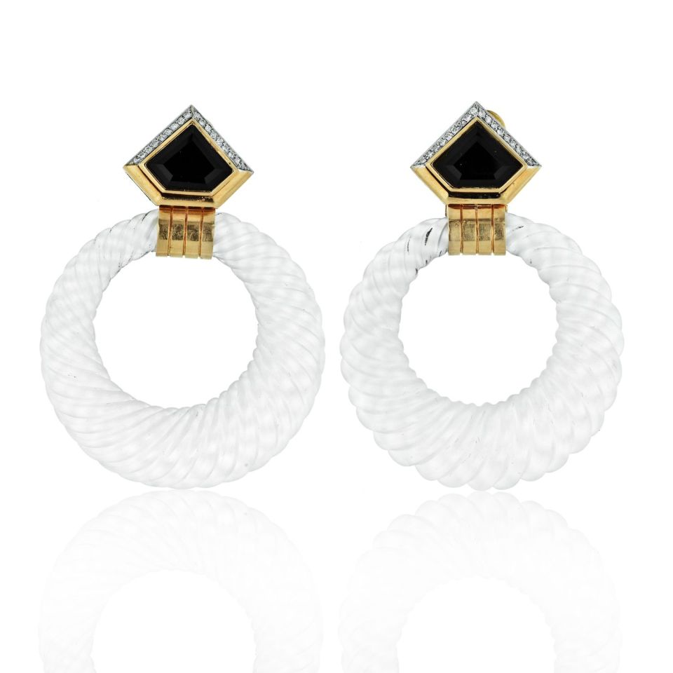 David Webb 18K Yellow Gold Rock Crystal Hoop Earrings - The Back Vault