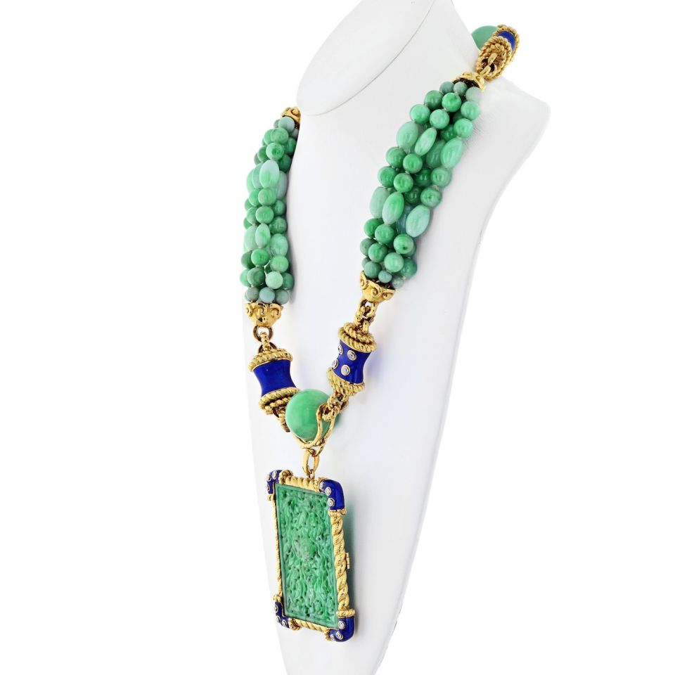 David Webb Platinum & 18K Yellow Gold Jade, Diamond, Blue Enamel Necklace - The Back Vault