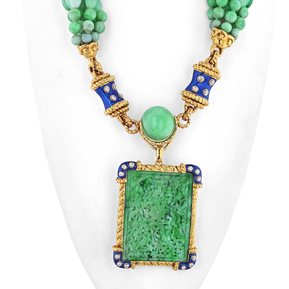 David Webb Platinum & 18K Yellow Gold Jade, Diamond, Blue Enamel Necklace - The Back Vault