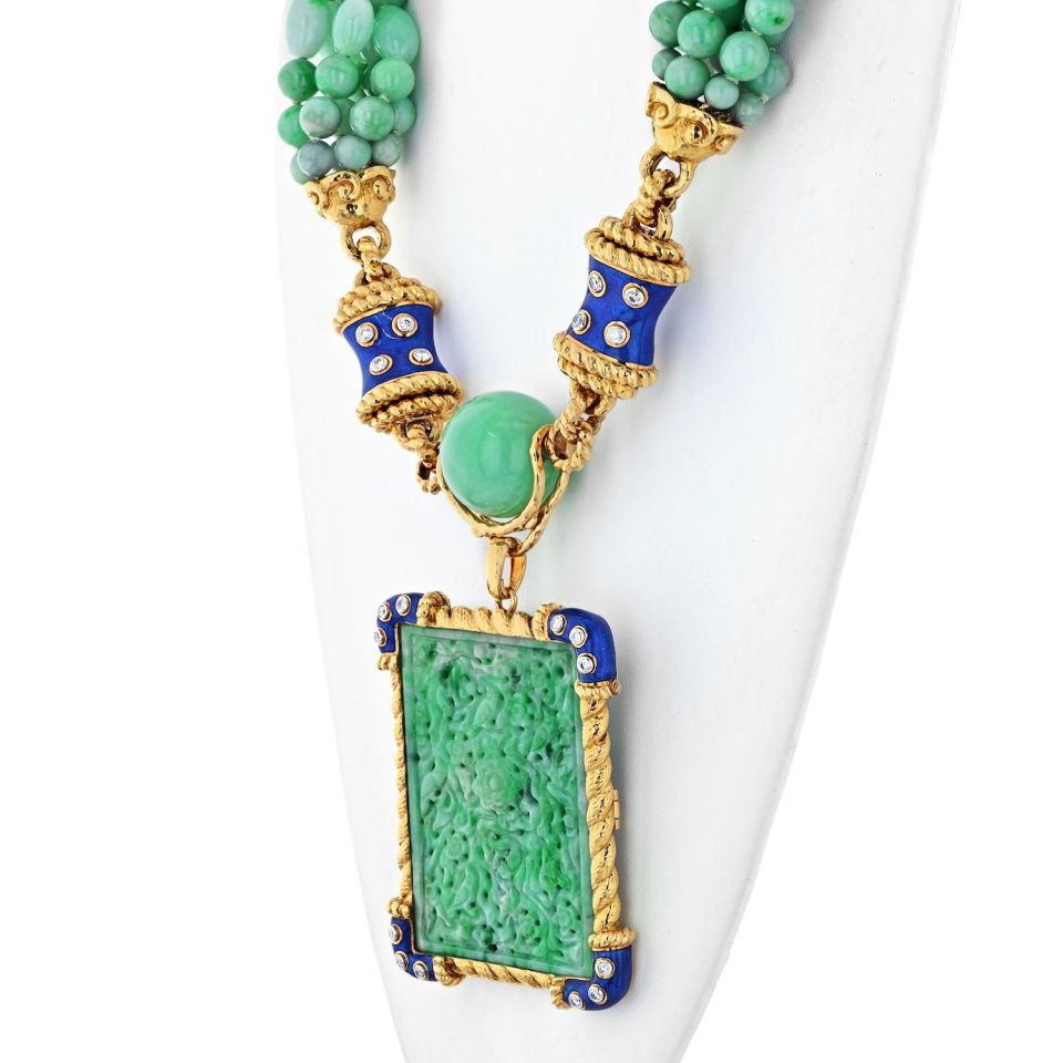 David Webb Platinum & 18K Yellow Gold Jade, Diamond, Blue Enamel Necklace - The Back Vault