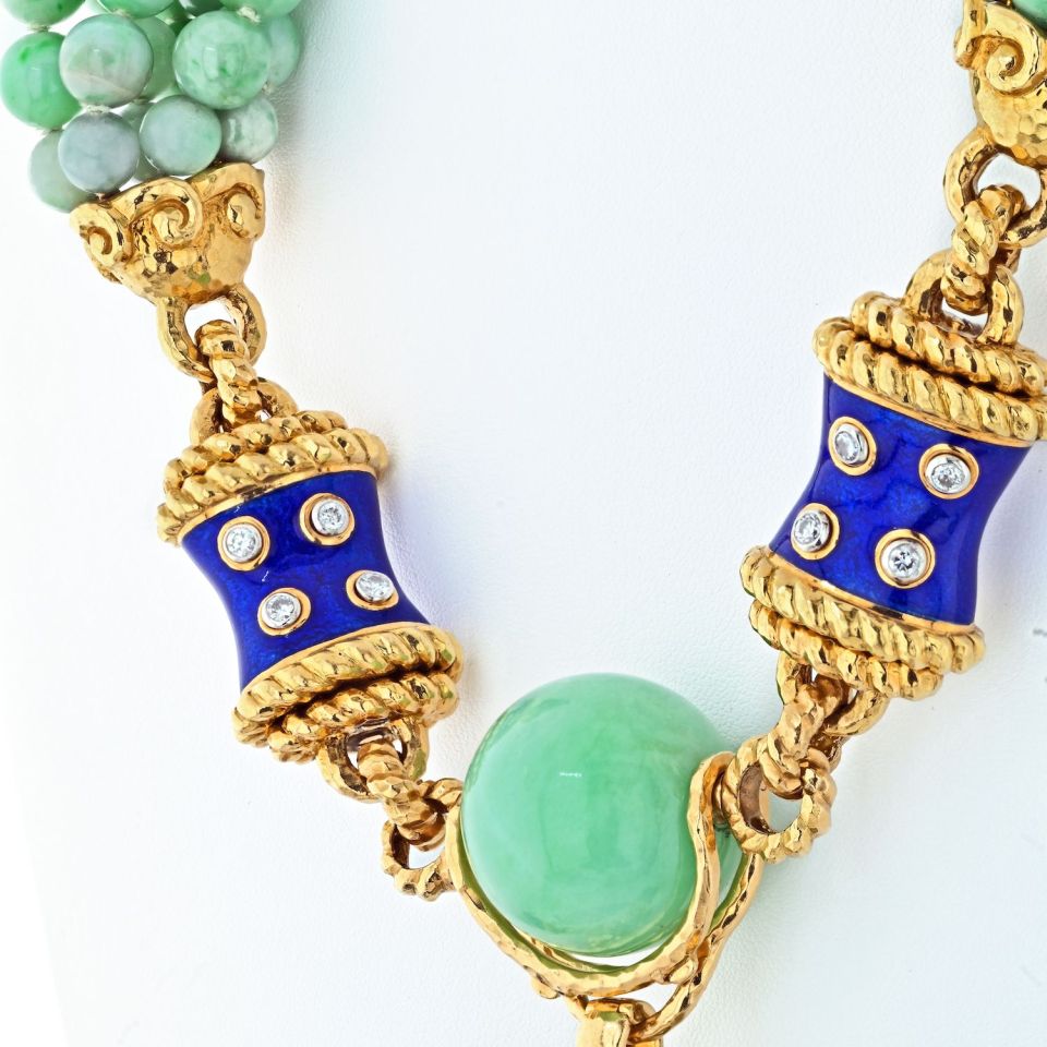 David Webb Platinum & 18K Yellow Gold Jade, Diamond, Blue Enamel Necklace - The Back Vault