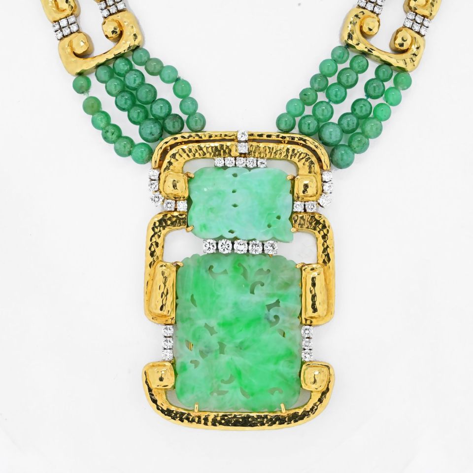 David Webb 18K Yellow Gold Multi Strand Jade Medallion And Diamond Necklace - The Back Vault