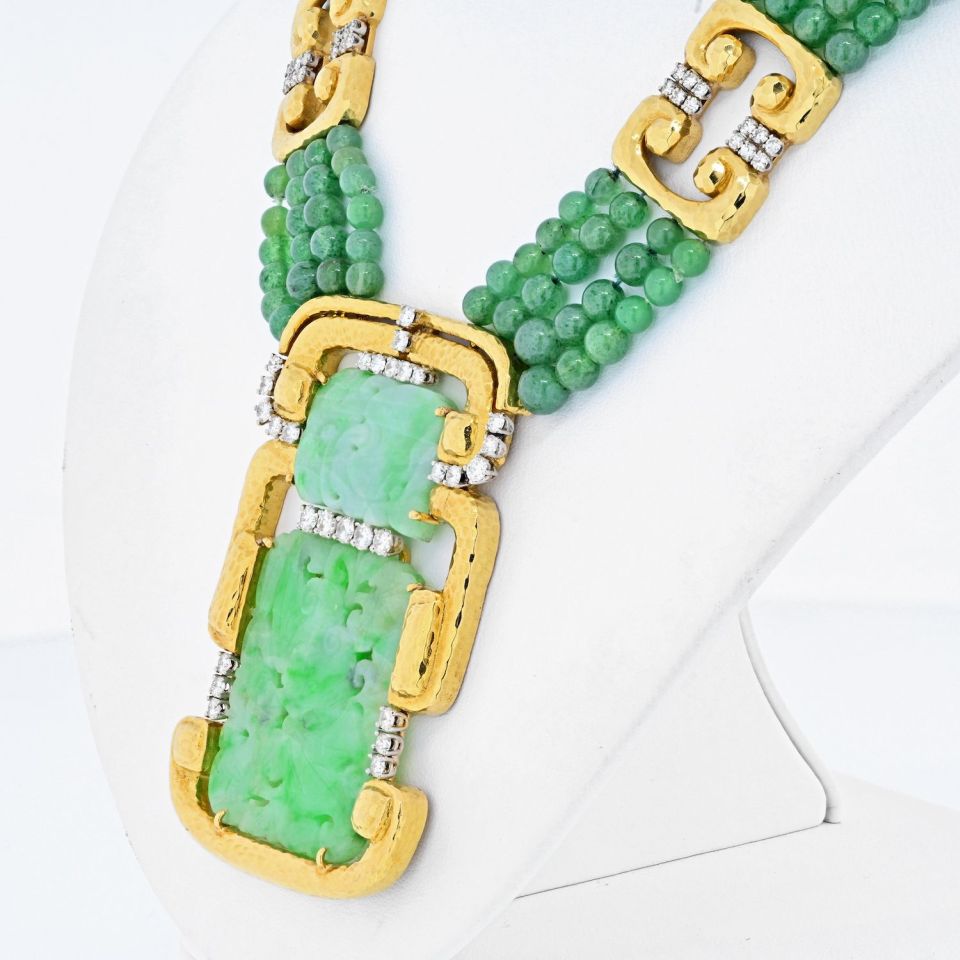 David Webb 18K Yellow Gold Multi Strand Jade Medallion And Diamond Necklace - The Back Vault