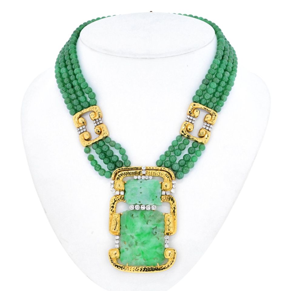 David Webb 18K Yellow Gold Multi Strand Jade Medallion And Diamond Necklace - The Back Vault