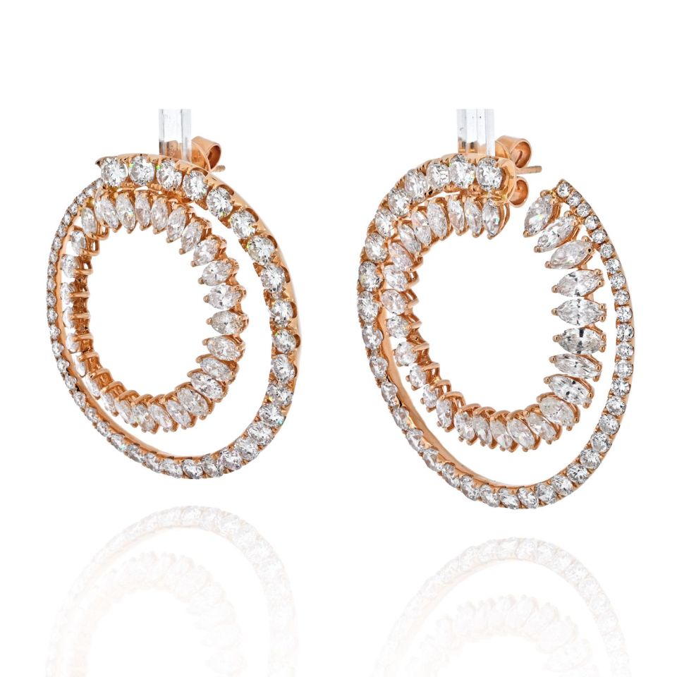 18K Rose Gold Round Diamond Double Hoop Marquise Round Cut Diamond Earrings - The Back Vault