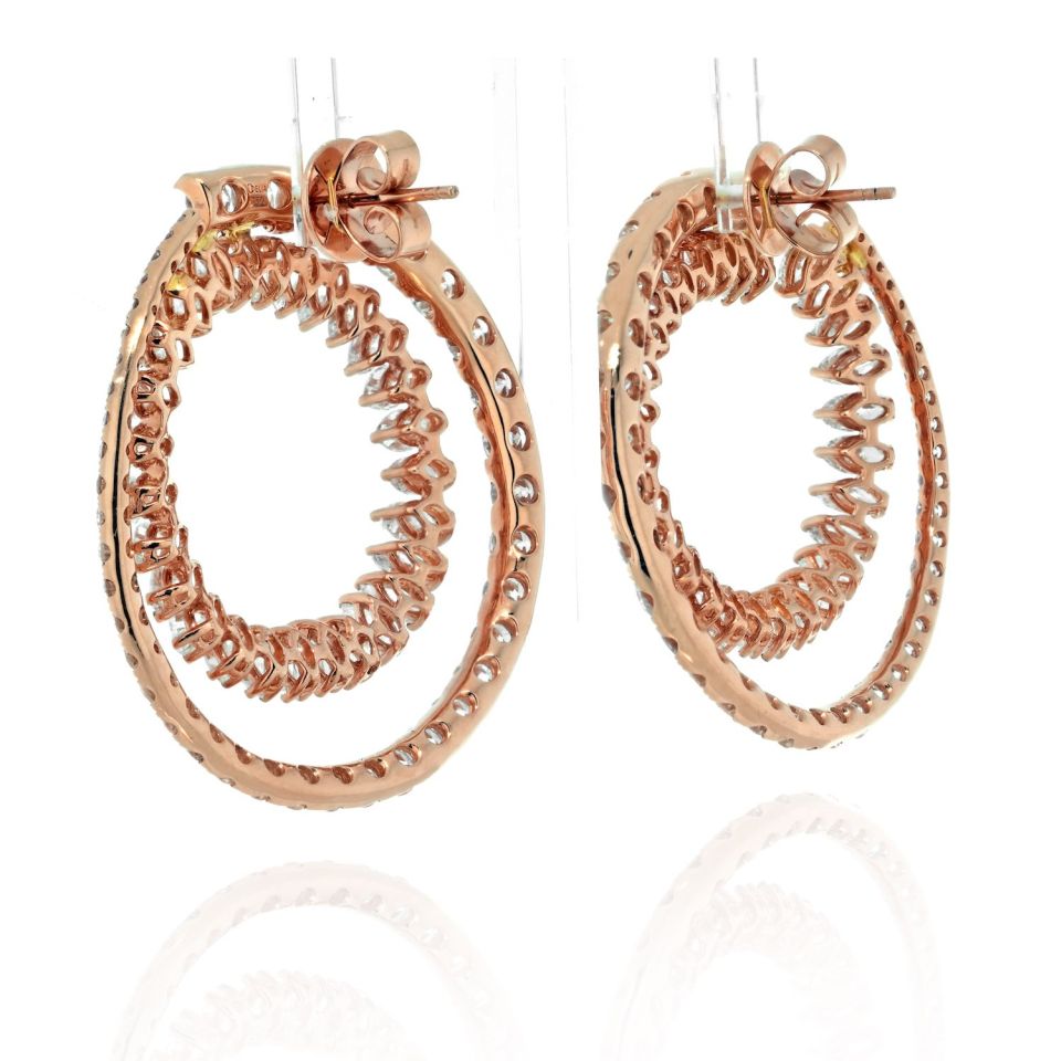 18K Rose Gold Round Diamond Double Hoop Marquise Round Cut Diamond Earrings - The Back Vault