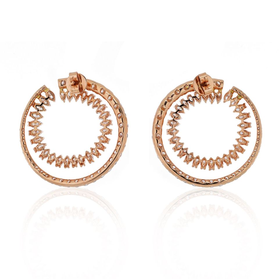 18K Rose Gold Round Diamond Double Hoop Marquise Round Cut Diamond Earrings - The Back Vault