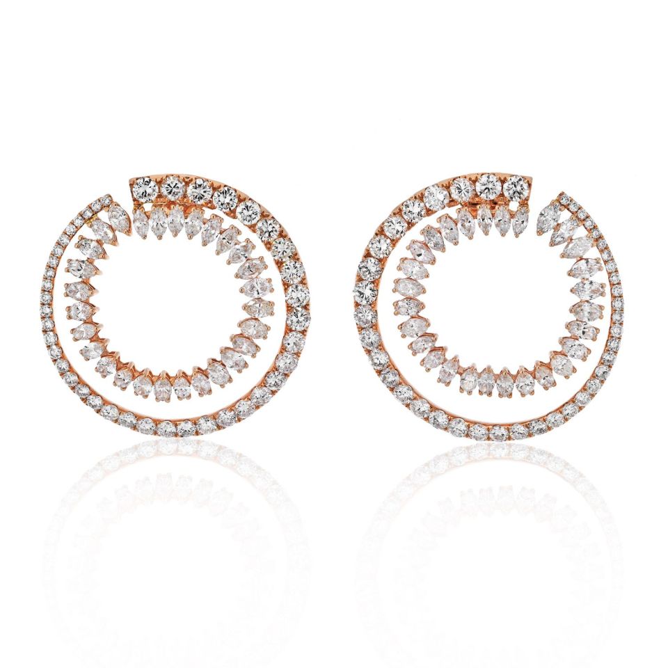 18K Rose Gold Round Diamond Double Hoop Marquise Round Cut Diamond Earrings - The Back Vault