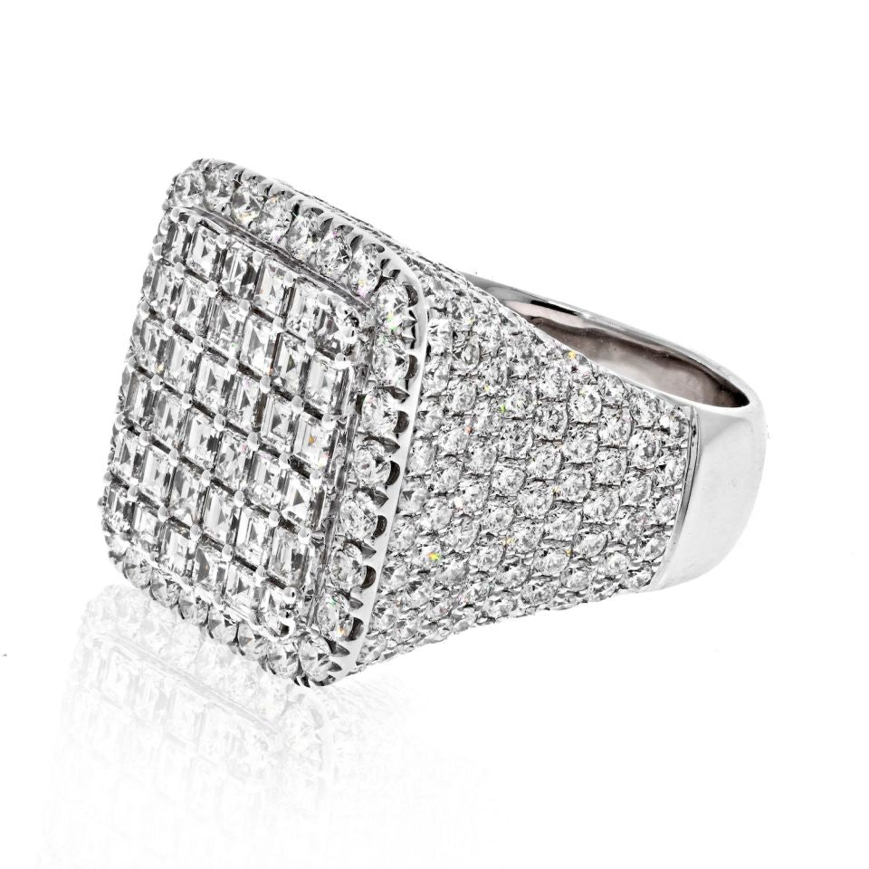 14K White Gold 11 Carat Round And Square Cut Cluster Diamond Mens Ring - The Back Vault