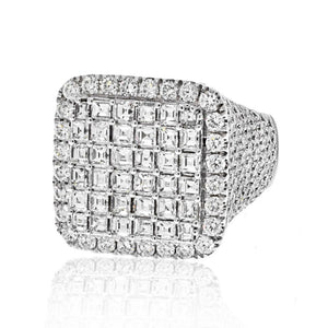 14K White Gold 11 Carat Round And Square Cut Cluster Diamond Mens Ring