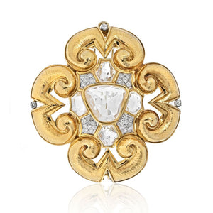 David Webb Platinum & 18K Yellow Gold Rock Crystal Large Maltese Cross Scroll Pendant Brooch