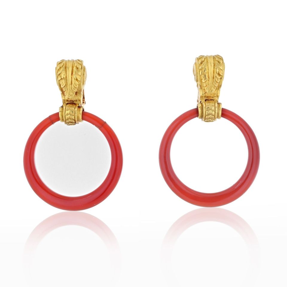 Bvlgari 18K Yellow Gold Carnelian Doorknockers 1970's Earrings - The Back Vault