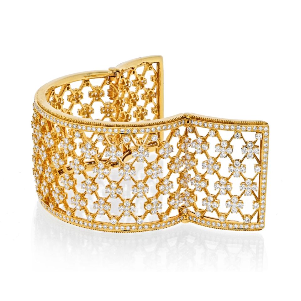 18K Yellow Gold Wide Openwork 32cts Diamond Cuff Bracelet - The Back Vault