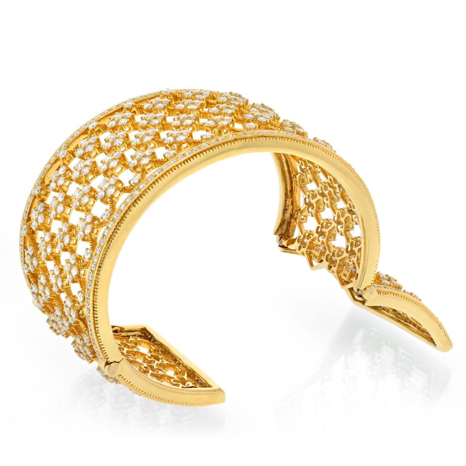 18K Yellow Gold Wide Openwork 32cts Diamond Cuff Bracelet - The Back Vault