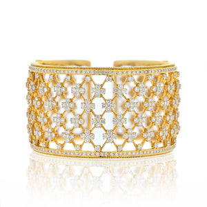 18K Yellow Gold Wide Openwork 32cts Diamond Cuff Bracelet