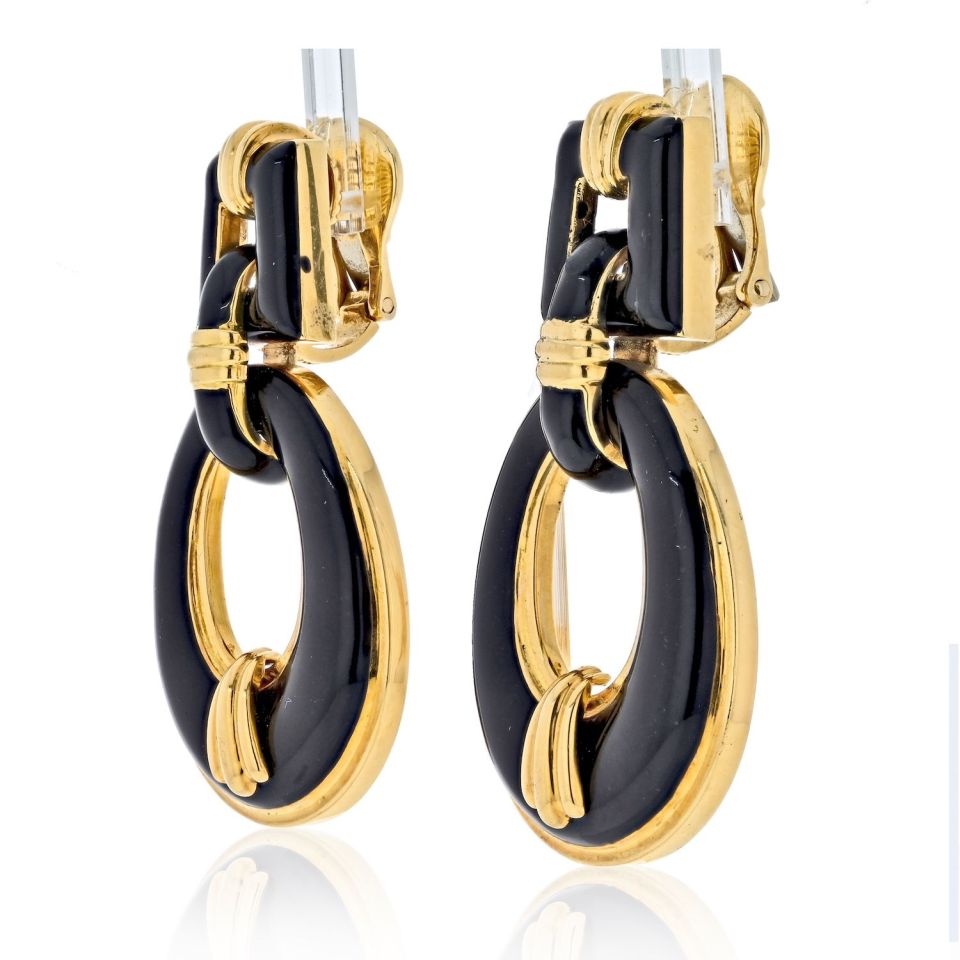 David Webb 18K Yellow Gold Black Enamel Vintage Door Knockers Earrings - The Back Vault