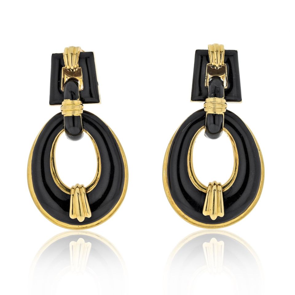 David Webb 18K Yellow Gold Black Enamel Vintage Door Knockers Earrings - The Back Vault