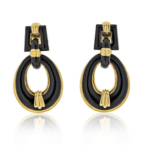 David Webb 18K Yellow Gold Black Enamel Vintage Door Knockers Earrings