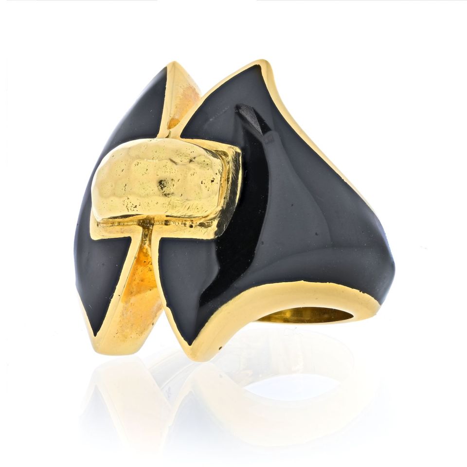 David Webb Platinum & 18K Yellow Gold Black Enamel Vintage Ring - The Back Vault