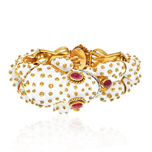 David Webb Platinum & 18K Yellow Gold White Enamel Frog With Ruby Eyes Bracelet