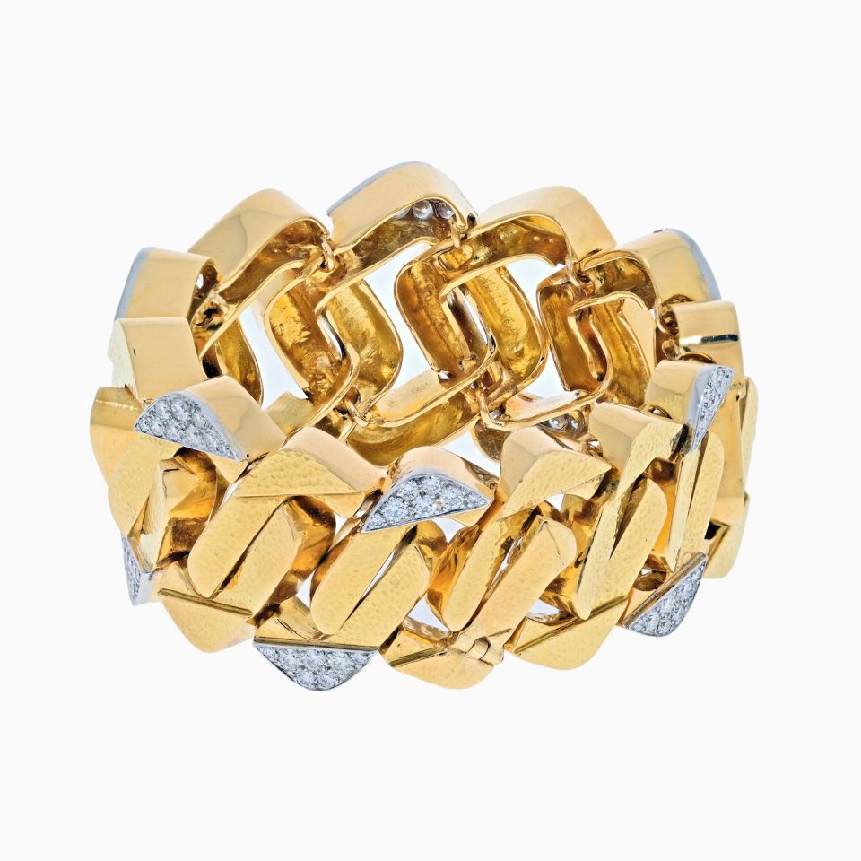 David Webb Platinum & 18K Yellow Gold Large Hammered Flat Link Diamond Bracelet - The Back Vault