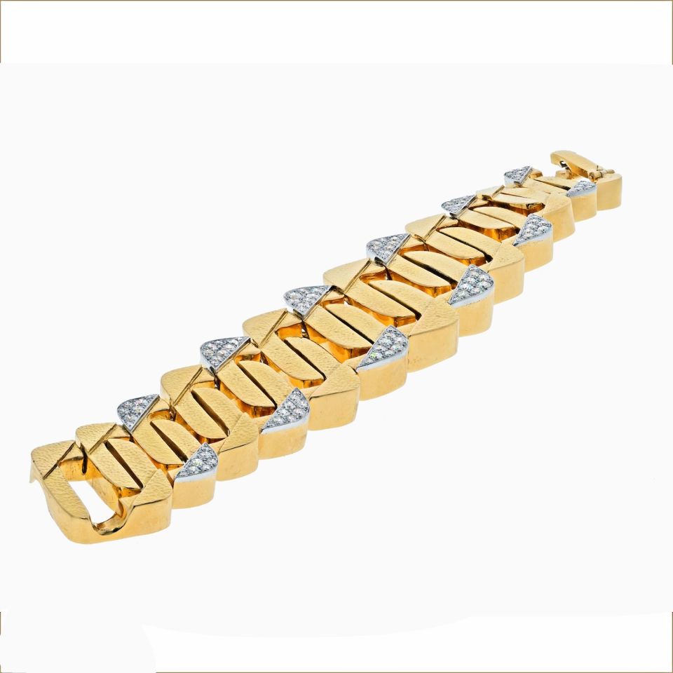 David Webb Platinum & 18K Yellow Gold Large Hammered Flat Link Diamond Bracelet - The Back Vault