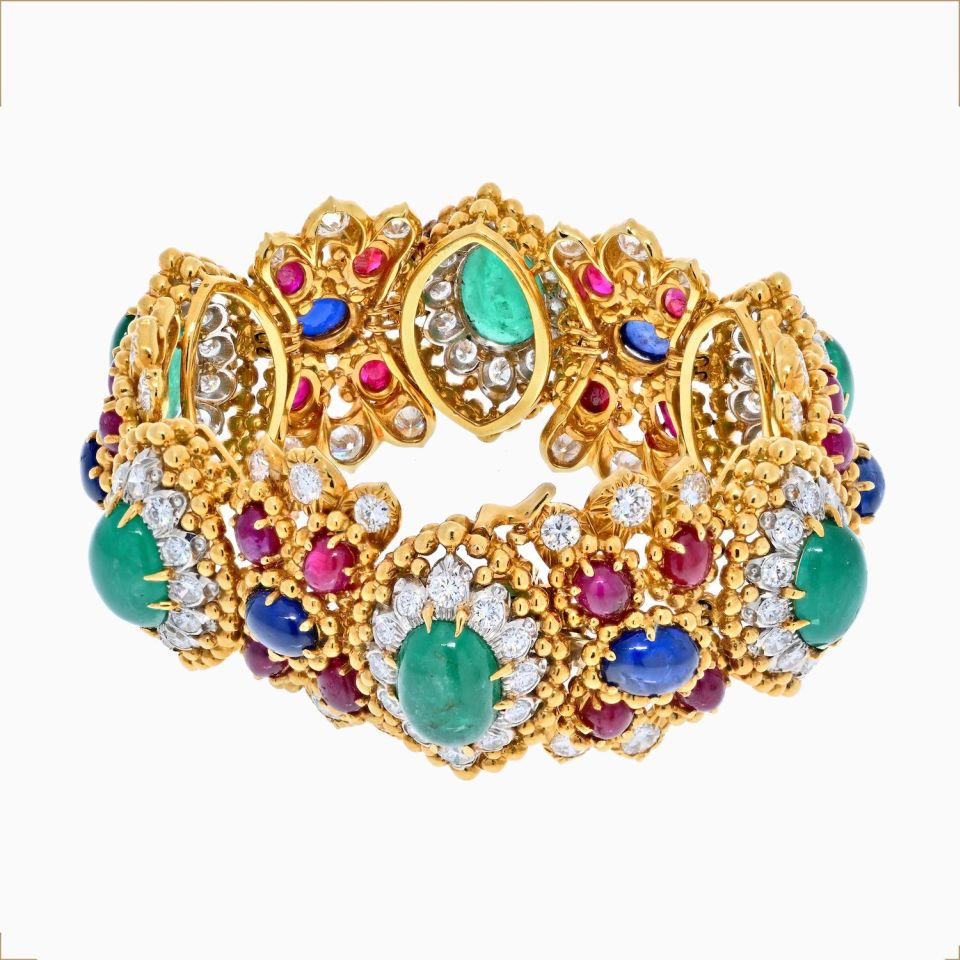 David Webb 18K Yellow Gold Green Emerald Cabochon, Ruby And Diamond Bracelet - The Back Vault