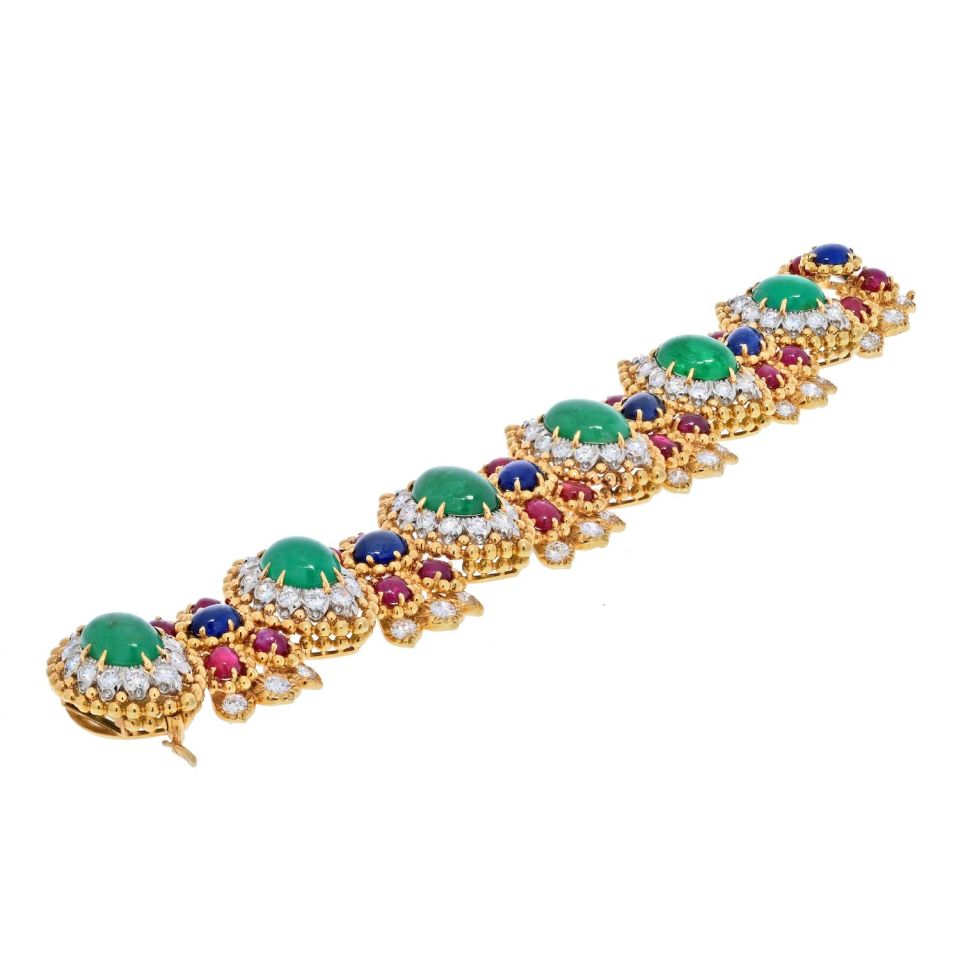 David Webb 18K Yellow Gold Green Emerald Cabochon, Ruby And Diamond Bracelet - The Back Vault