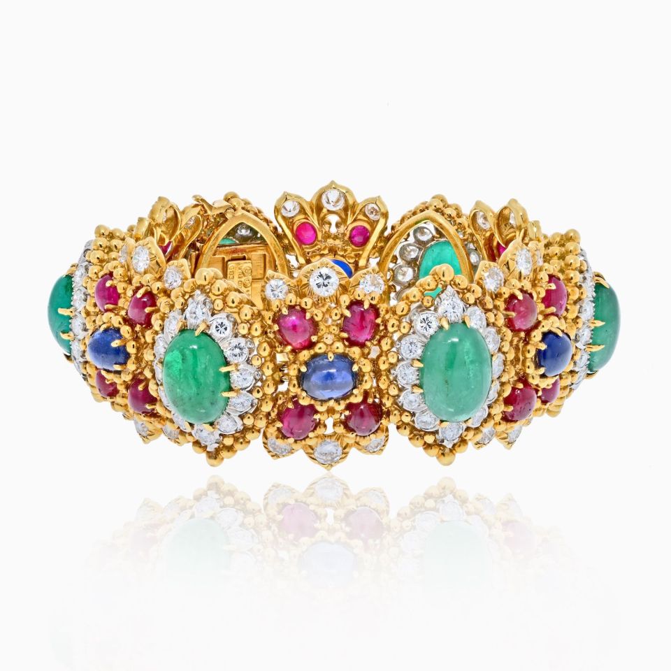 David Webb 18K Yellow Gold Green Emerald Cabochon, Ruby And Diamond Bracelet - The Back Vault