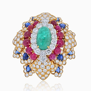 David Webb 18K Yellow Gold Heraldic Green Emerald Ruby and Diamond Brooch