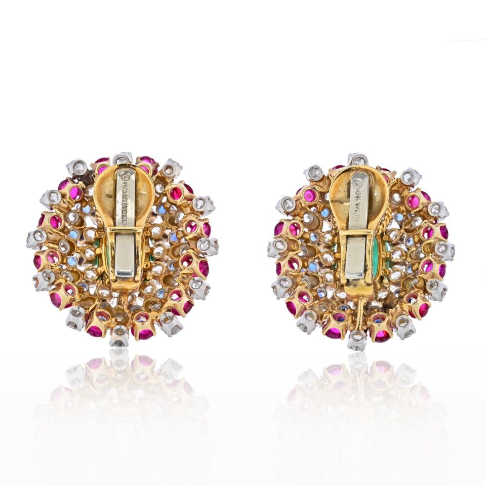 David Webb Platinum & 18K Yellow Gold Green Emerald, Ruby And Diamond Earrings - The Back Vault