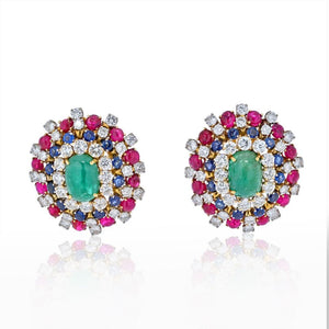 David Webb Platinum & 18K Yellow Gold Green Emerald, Ruby And Diamond Earrings