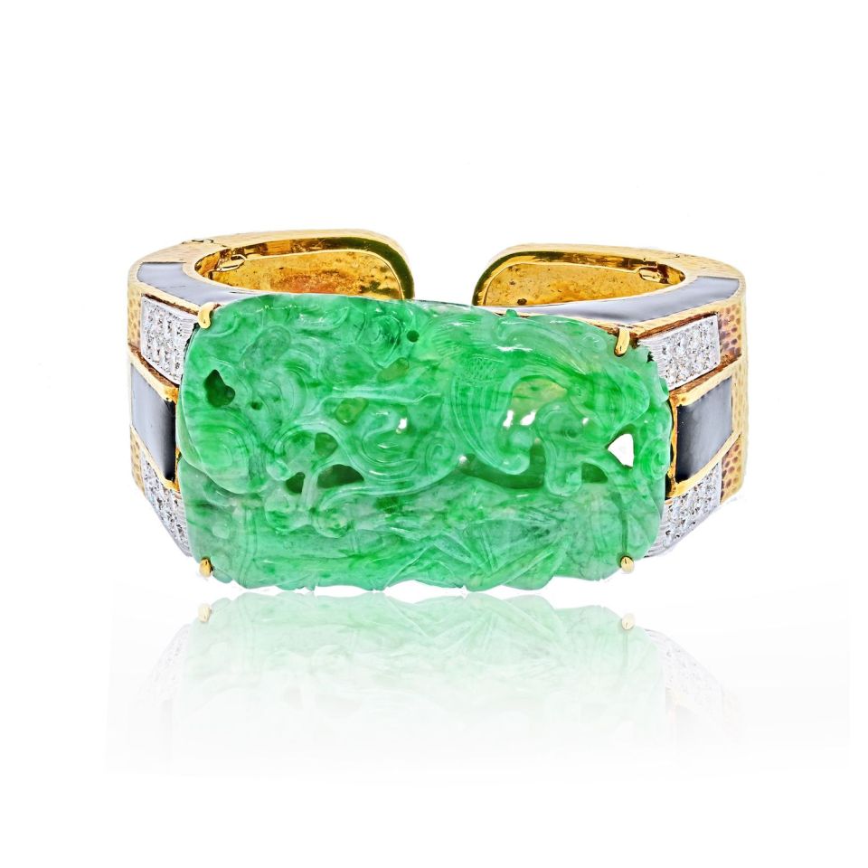 David Webb Platinum & 18K Yellow Gold Carved Jade Cuff Bracelet - The Back Vault