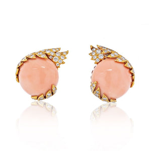 David Webb Platinum & 18K Yellow Gold Button Light Pink Coral and Diamond Earrings