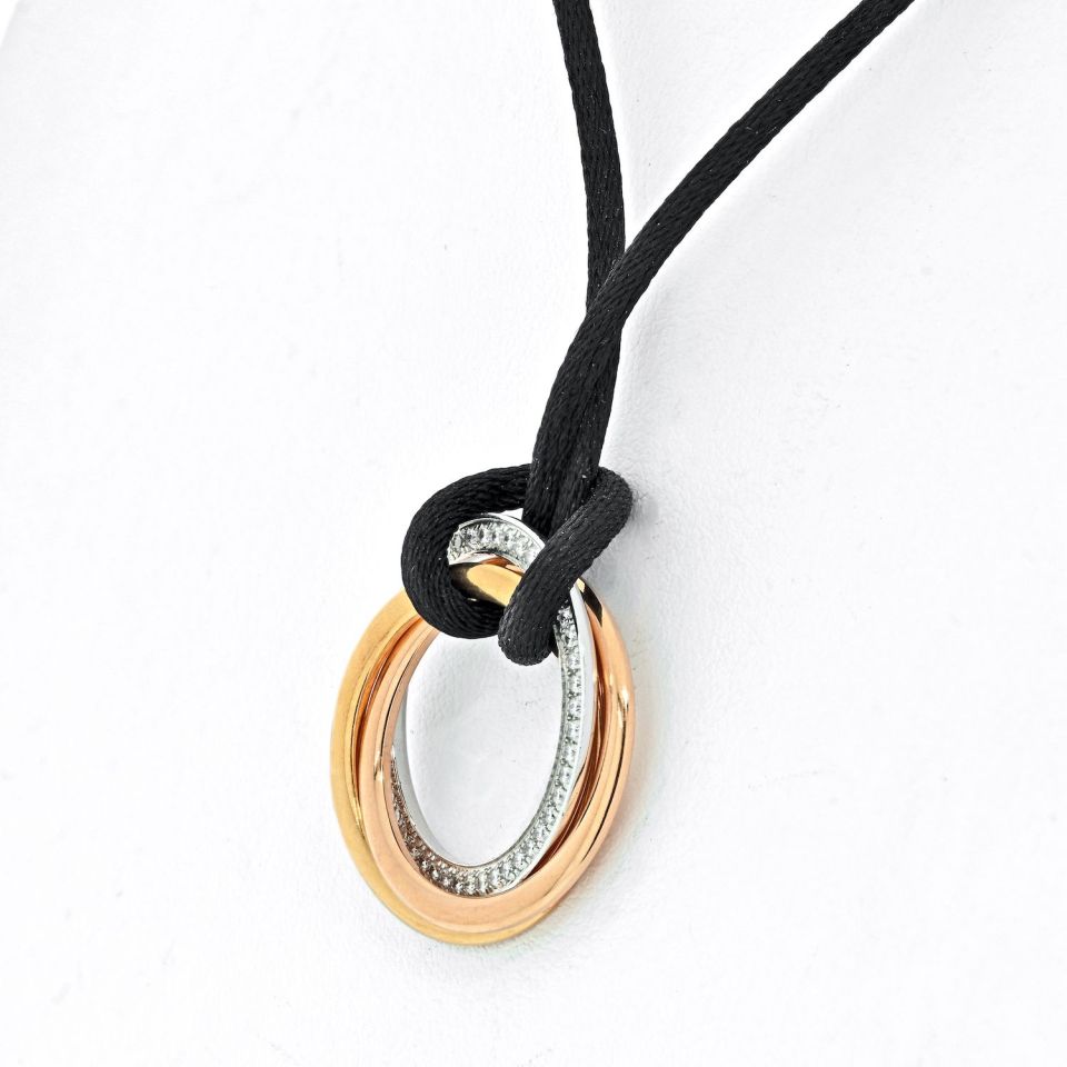 Cartier 18K Tri Color Trinity With Diamonds Pendant On A Black Cord Necklace