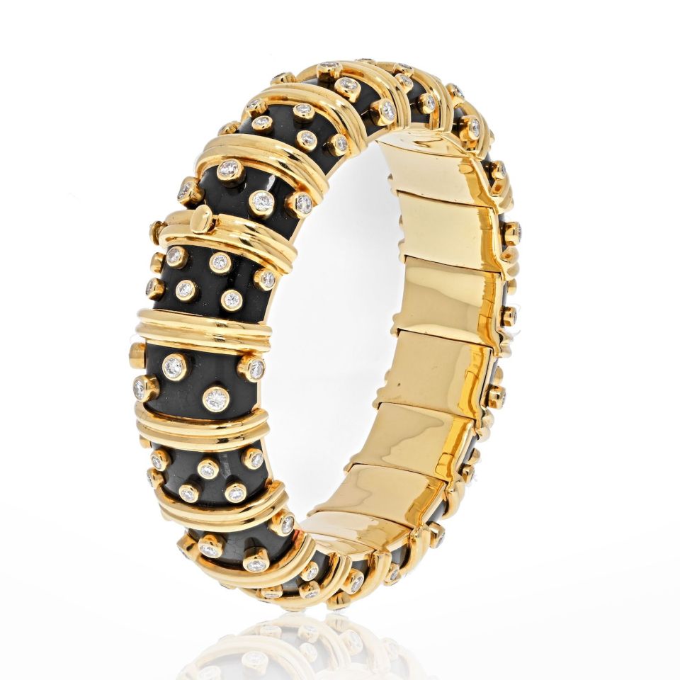 Tiffany & Co. Schlumberger Platinum & 18K Yellow Gold Black Enamel Diamond Bracelet - The Back Vault