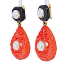 David Webb Platinum & 18K Yellow Gold Cultured Pearl, Coral and Enamel Clip Earrings - The Back Vault