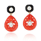 David Webb Platinum & 18K Yellow Gold Cultured Pearl, Coral and Enamel Clip Earrings - The Back Vault