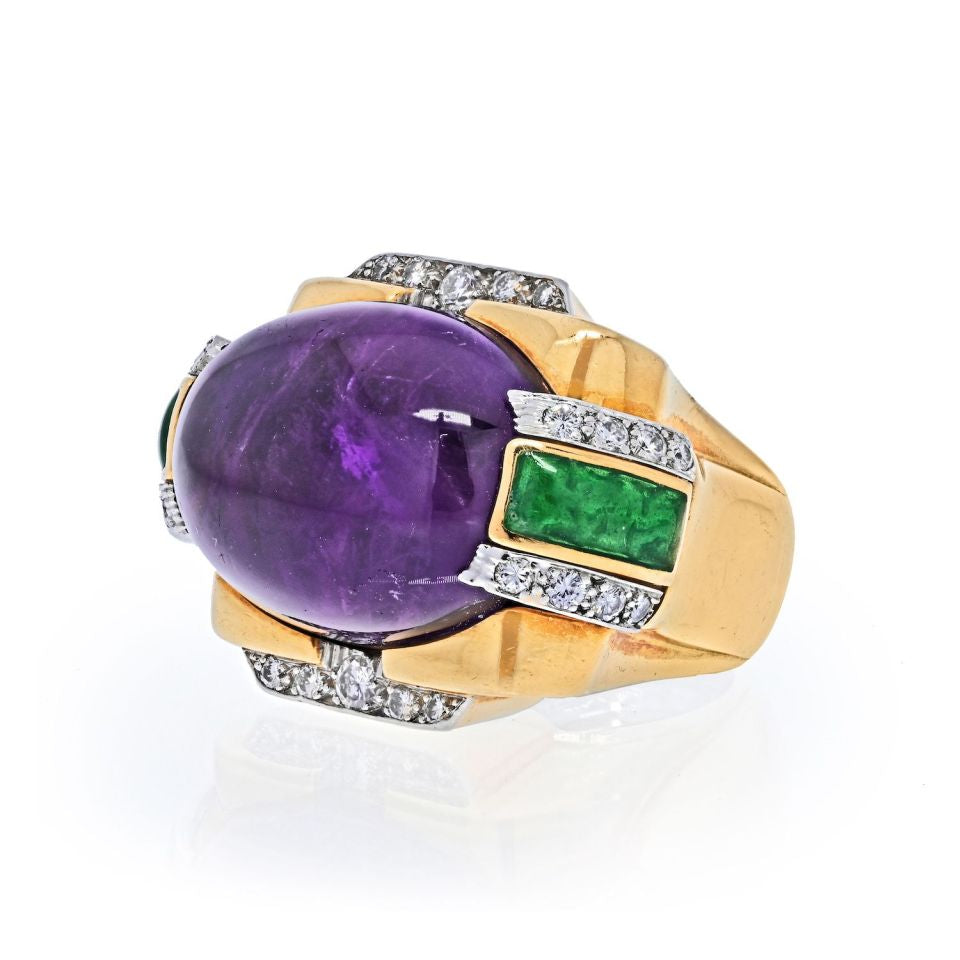 David Webb Platinum & 18K Yellow Gold Oval Amethyst, Green Enamel And Diamond Ring - The Back Vault