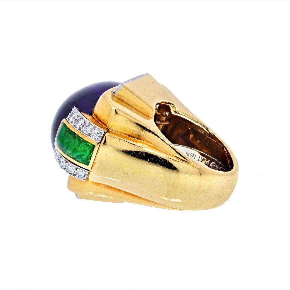 David Webb Platinum & 18K Yellow Gold Oval Amethyst, Green Enamel And Diamond Ring - The Back Vault