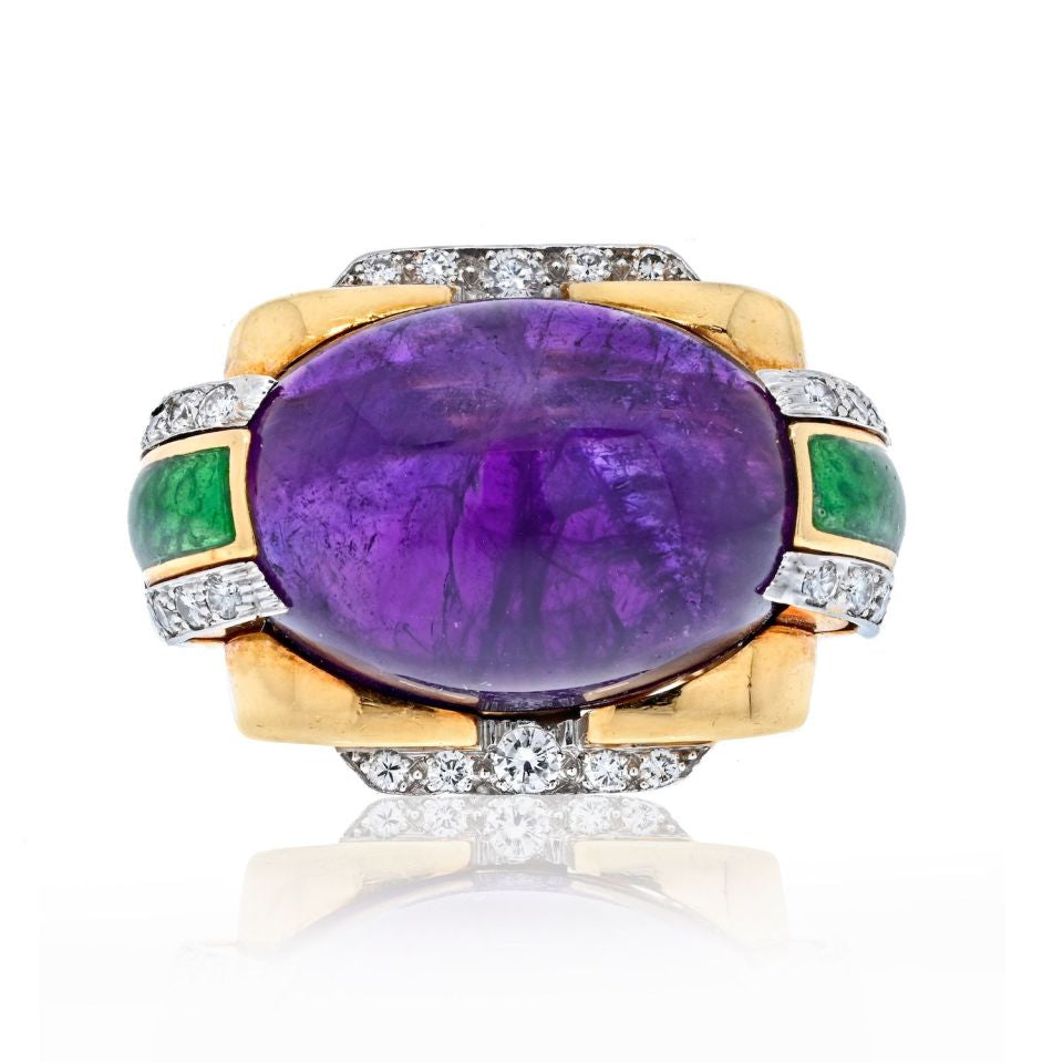 David Webb Platinum & 18K Yellow Gold Oval Amethyst, Green Enamel And Diamond Ring - The Back Vault