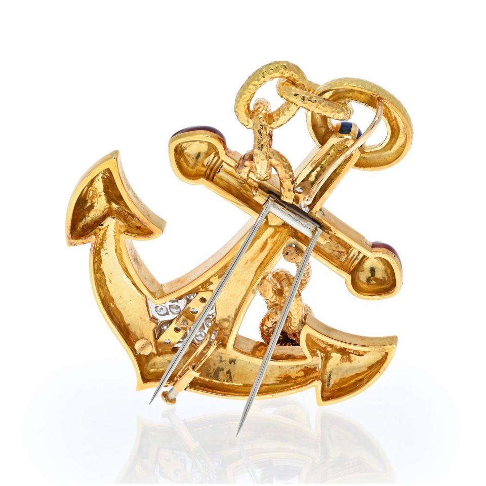 David Webb Platinum & 18K Yellow Gold Diamond and Enamel Anchor Pendant Brooch - The Back Vault