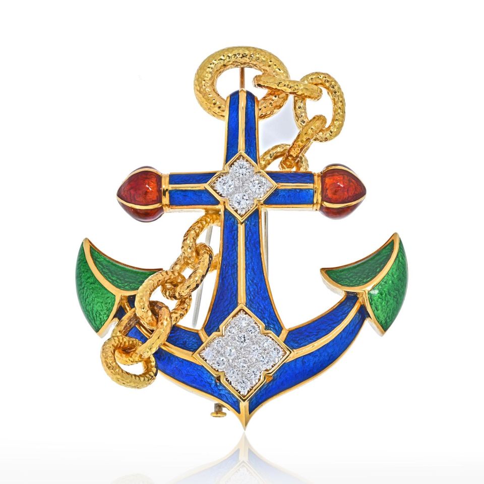 David Webb Platinum & 18K Yellow Gold Diamond and Enamel Anchor Pendant Brooch - The Back Vault