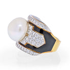 David Webb Platinum & 18K Yellow Gold Pearl, Diamond, Black Enamel Ring - The Back Vault